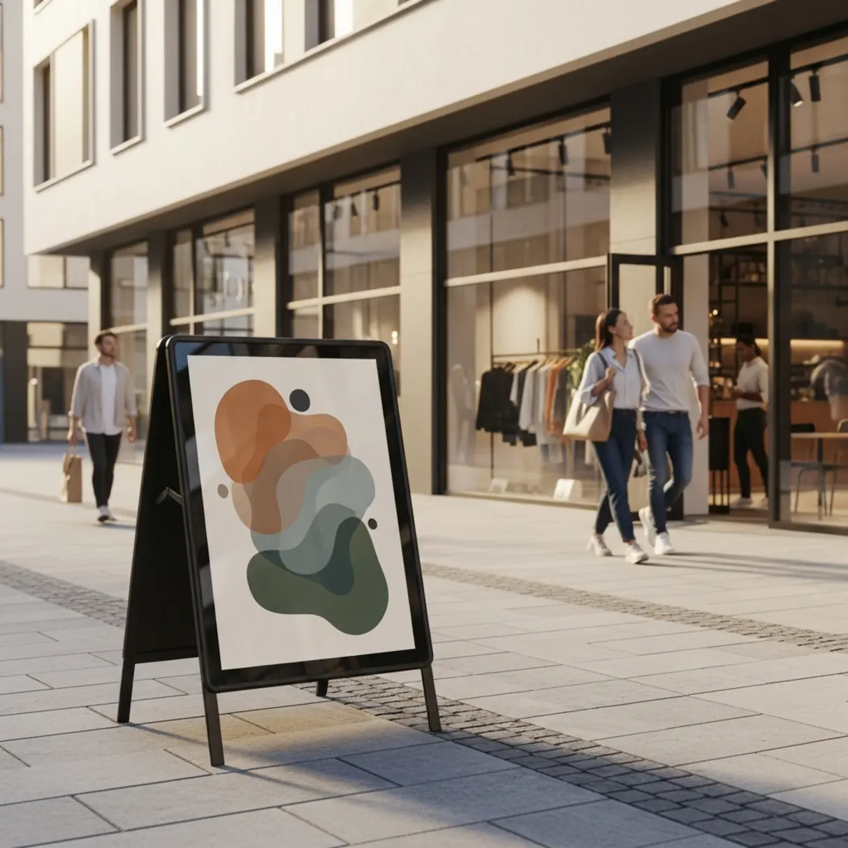 Czarny potykacz reklamowy A1 z abstrakcyjną grafiką przed nowoczesnym sklepem.