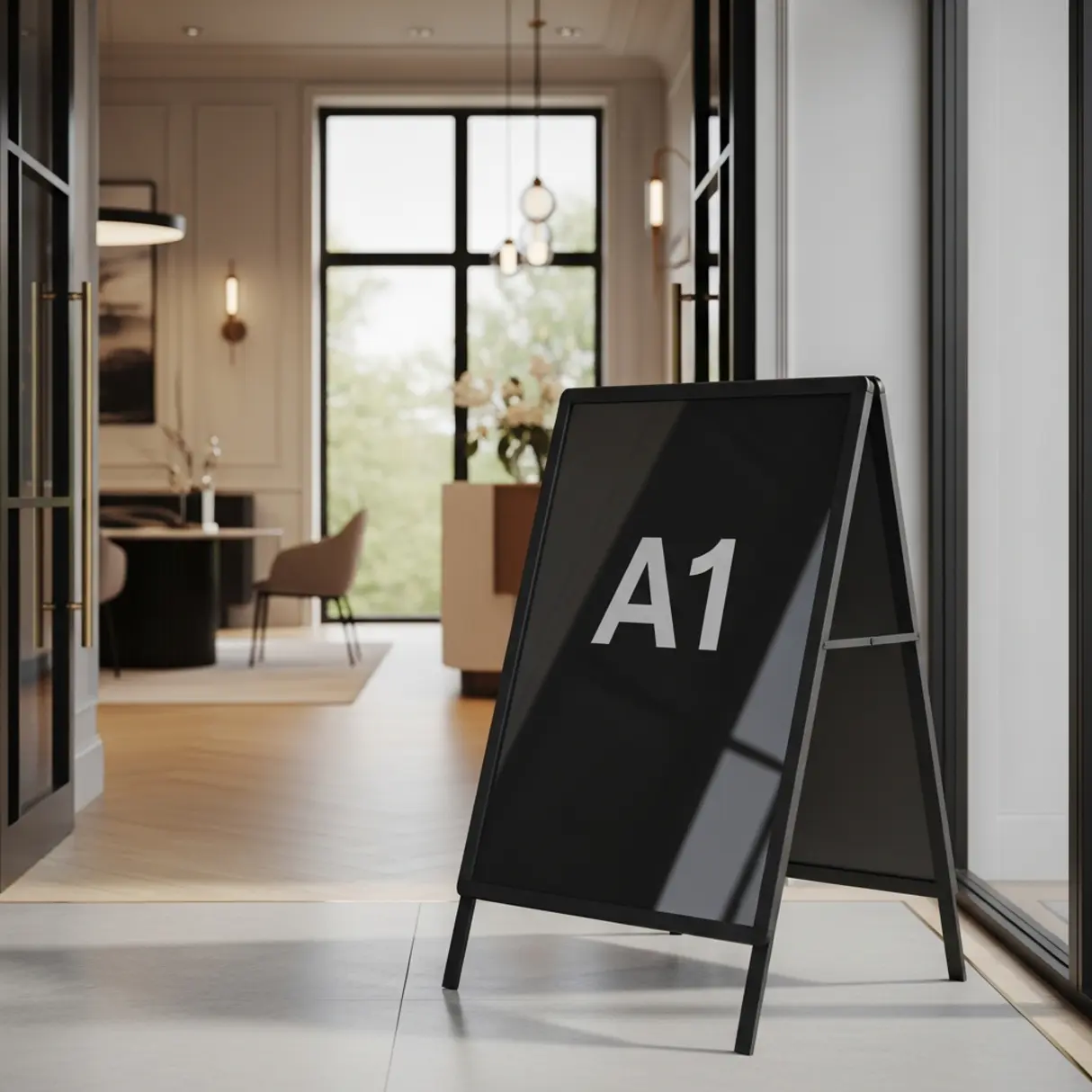 Czarna tablica reklamowa typu A-frame z mechanizmem zatrzaskowym, umieszczona w nowoczesnym biurze dewelopera.