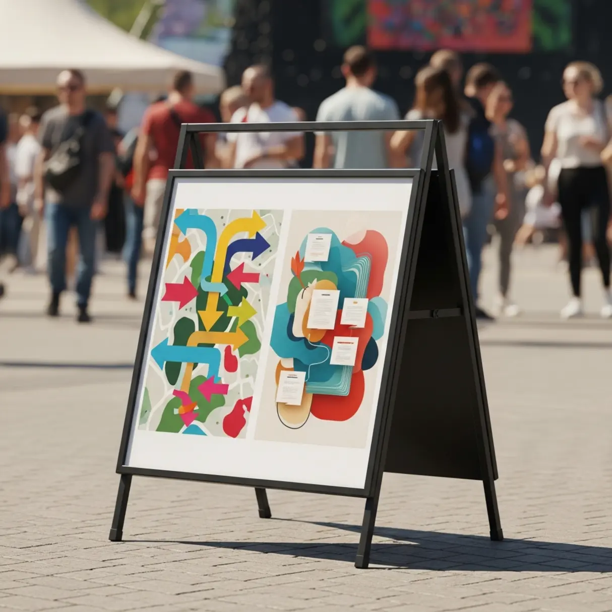 Czarny potykacz reklamowy A-frame z abstrakcyjnymi grafikami na tle plenerowego festiwalu.