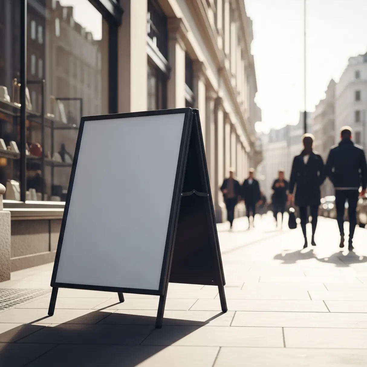 Czarna, dwustronna tablica reklamowa A-frame na chodniku przed kawiarnią.