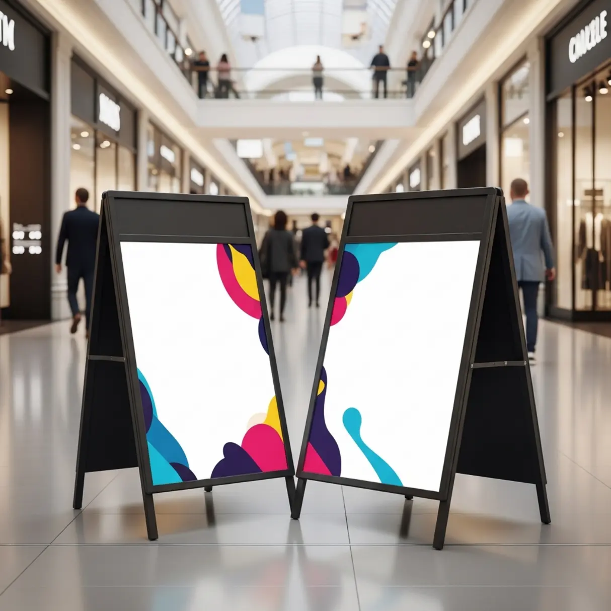 Czarna, dwustronna tablica reklamowa A-frame z abstrakcyjnym wzorem w centrum handlowym.