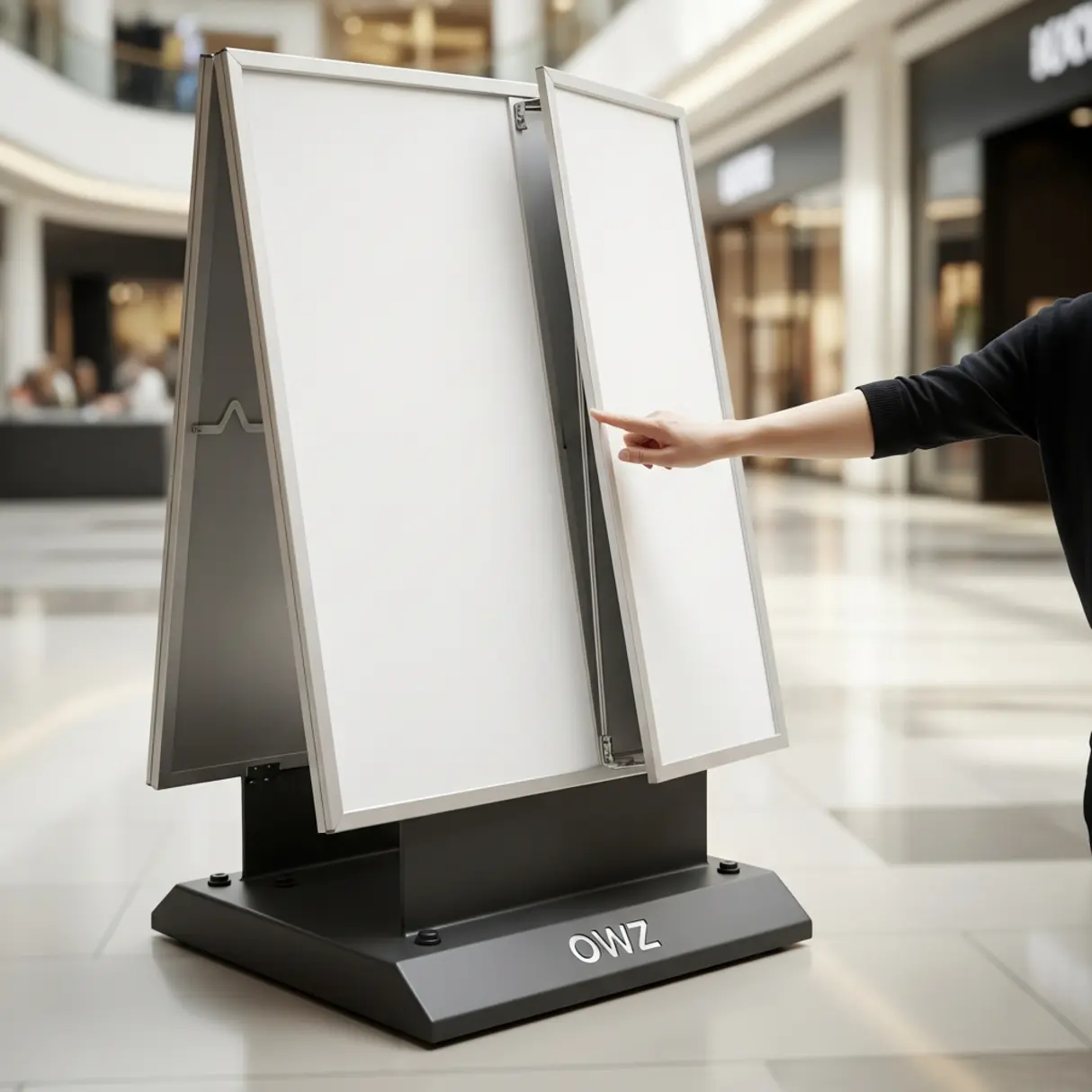 Zdjęcie nowoczesnego, dwustronnego stojaka reklamowego A-frame A1 z ramą zatrzaskową, ręka otwiera ramkę, widoczna solidna podstawa ze stali, tło to atrium centrum handlowego.