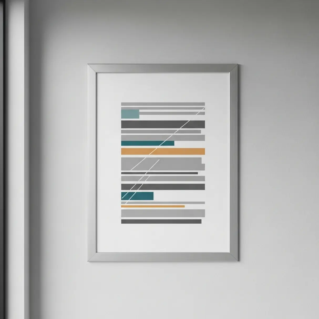 Srebrna ramka zatrzaskowa A3 OWZ z abstrakcyjną grafiką na szarej ścianie.