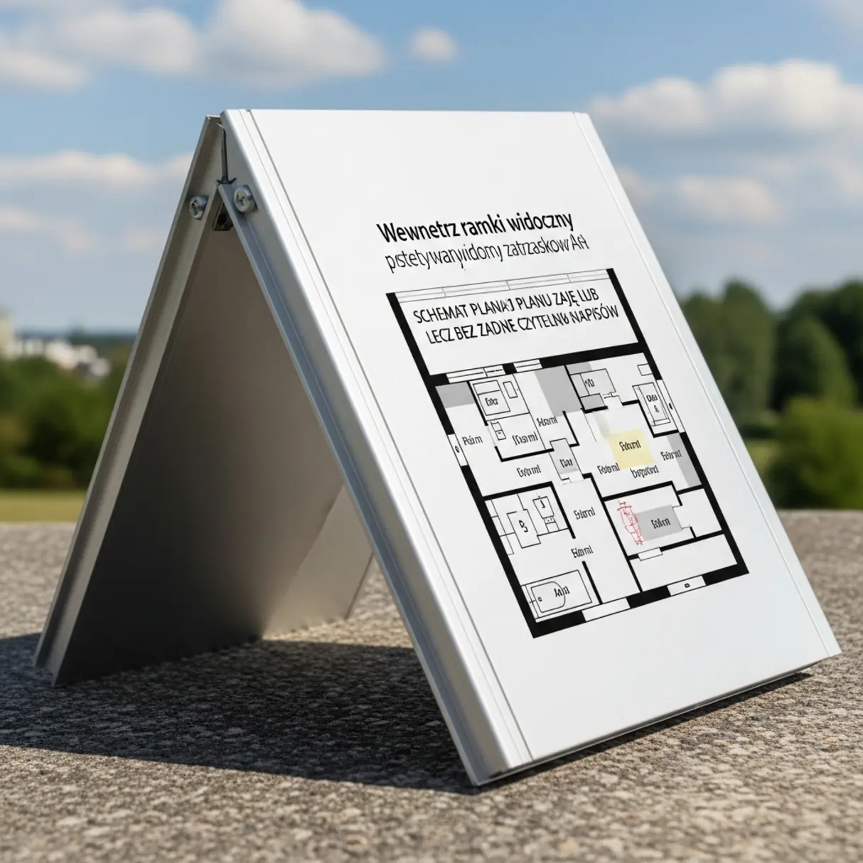 Srebrna ramka plakatowa A4 z dokumentem na ścianie w korytarzu uniwersyteckim.