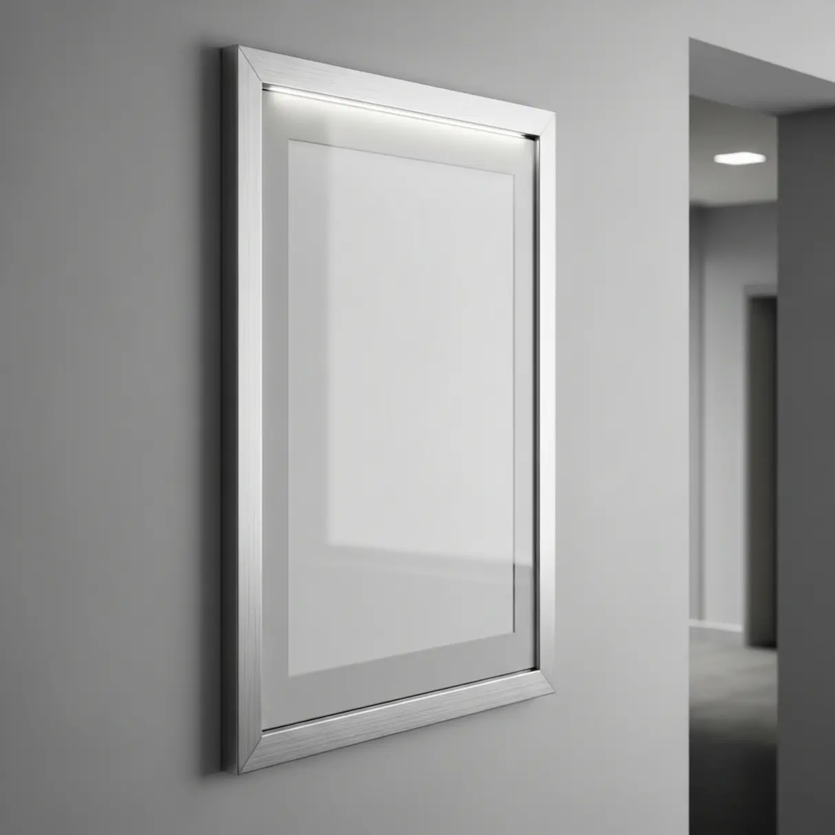 Srebrna rama zatrzaskowa A4 z aluminium na szarej ścianie.