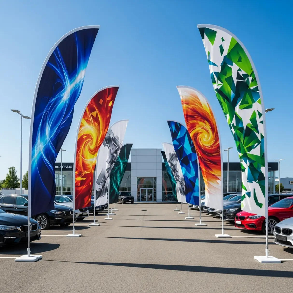 Rząd eleganckich flag reklamowych typu 