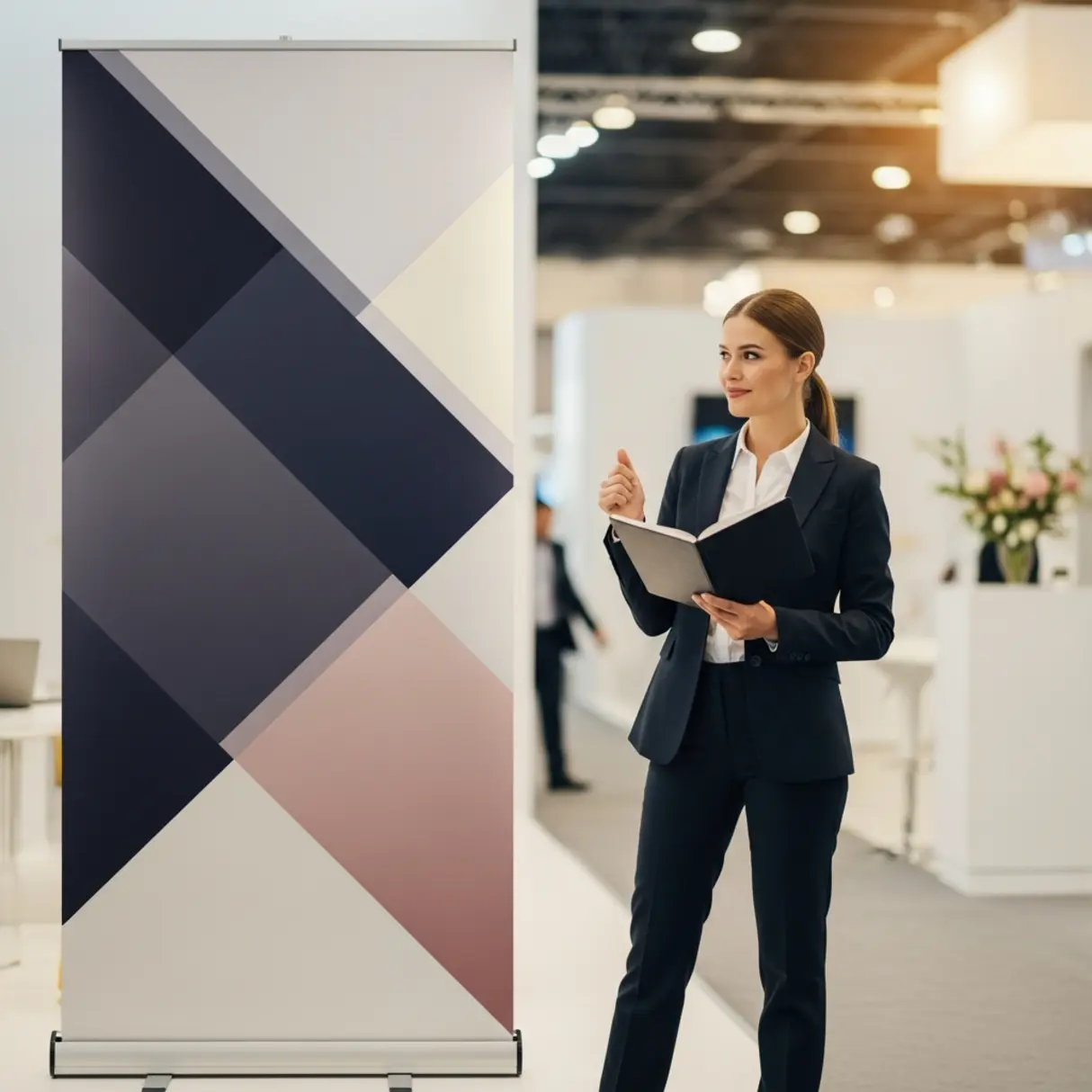 Profesjonalny roll-up reklamowy o wymiarach 85x200 cm z abstrakcyjnym wzorem, obok którego stoi kobieta w garniturze z notatnikiem na tle eleganckiego stoiska wystawienniczego.
