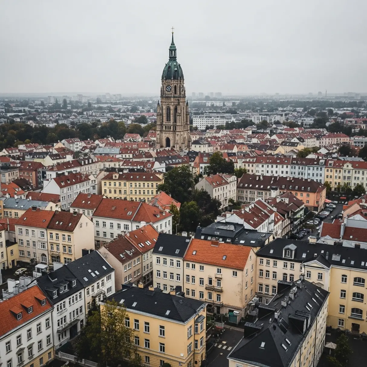 Panorama miejska z wieżą kościelną w tle, widok z góry.
