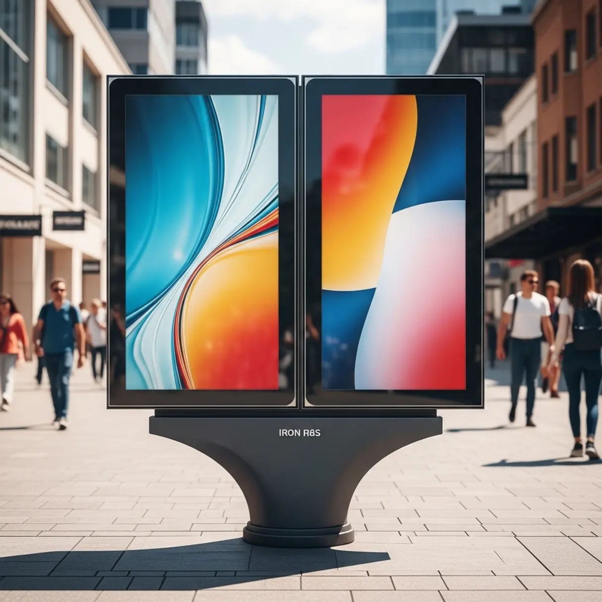 Nowoczesny, dwustronny stand reklamowy z abstrakcyjnymi plakatami na tle miejskiego chodnika.