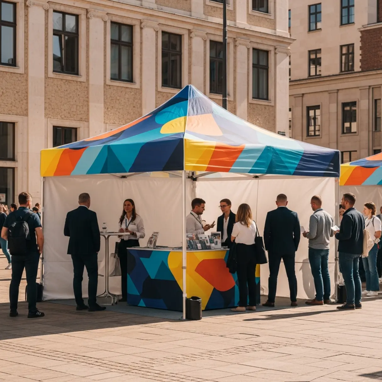 Profesjonalny namiot reklamowy 3x3 metra z kolorową grafiką na publicznym placu podczas wydarzenia, otoczony przez potencjalnych klientów.