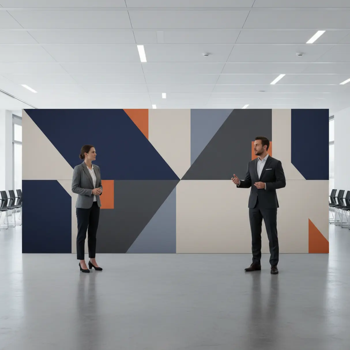 Dwie osoby w garniturach stoją przed ścianą z geometrycznym wzorem w nowoczesnym pomieszczeniu.