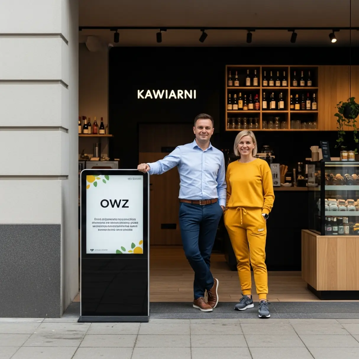 Dwoje właścicieli kawiarni stoi przed lokalem obok wyświetlacza z informacjami OWZ.