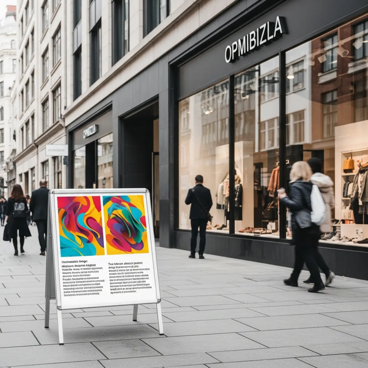 Srebrny stojak reklamowy typu A-board z kolorowymi plakatami na chodniku przed sklepem.