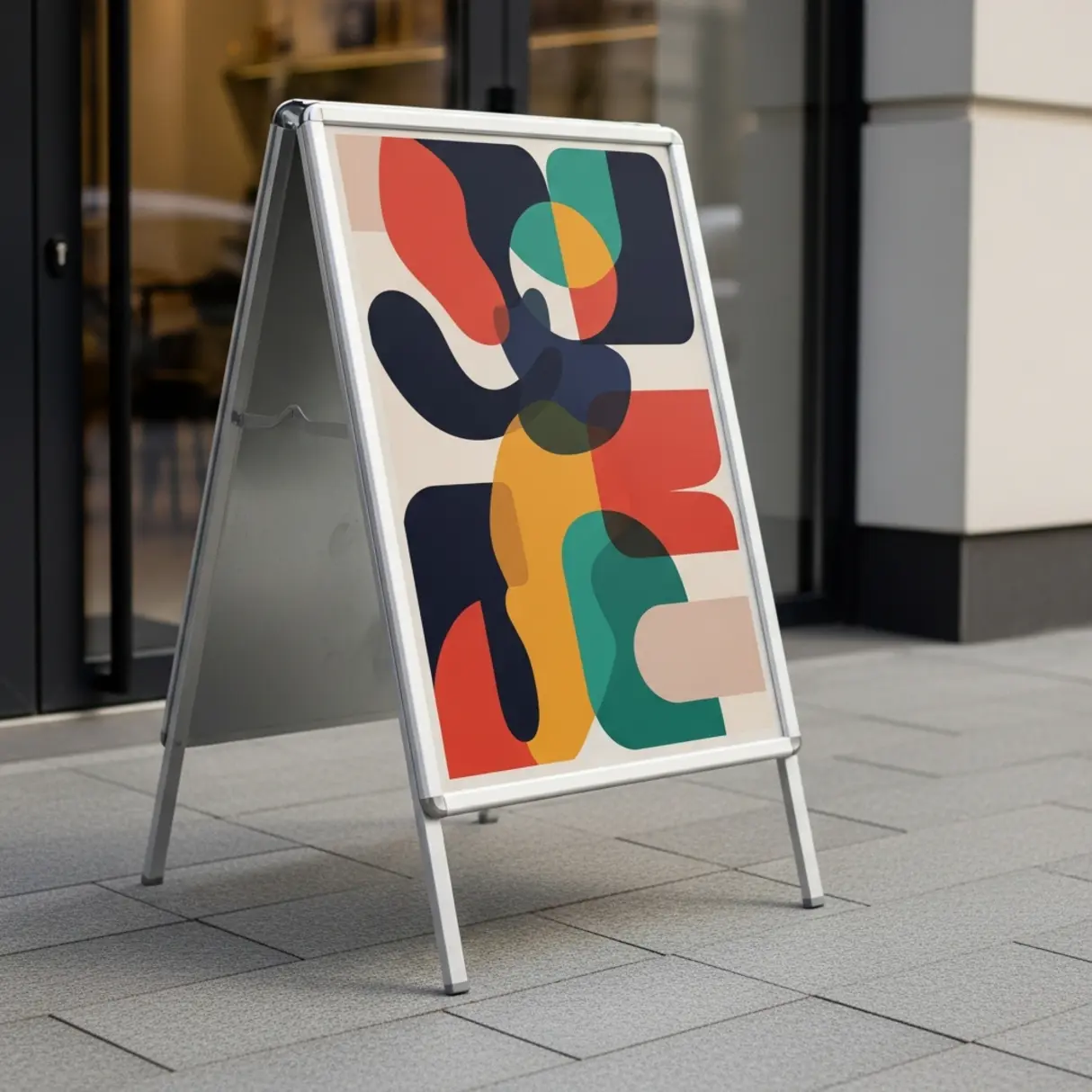 Potykacz reklamowy A2 z abstrakcyjnym plakatem przed wejściem do kawiarni.