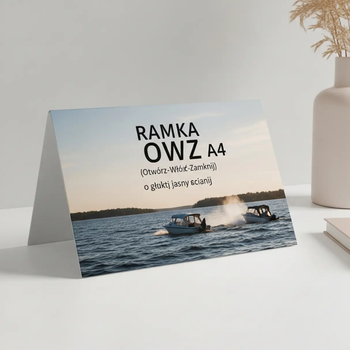 Ramka OWZ A4 z nadrukiem krajobrazu z łodziami na jeziorze.