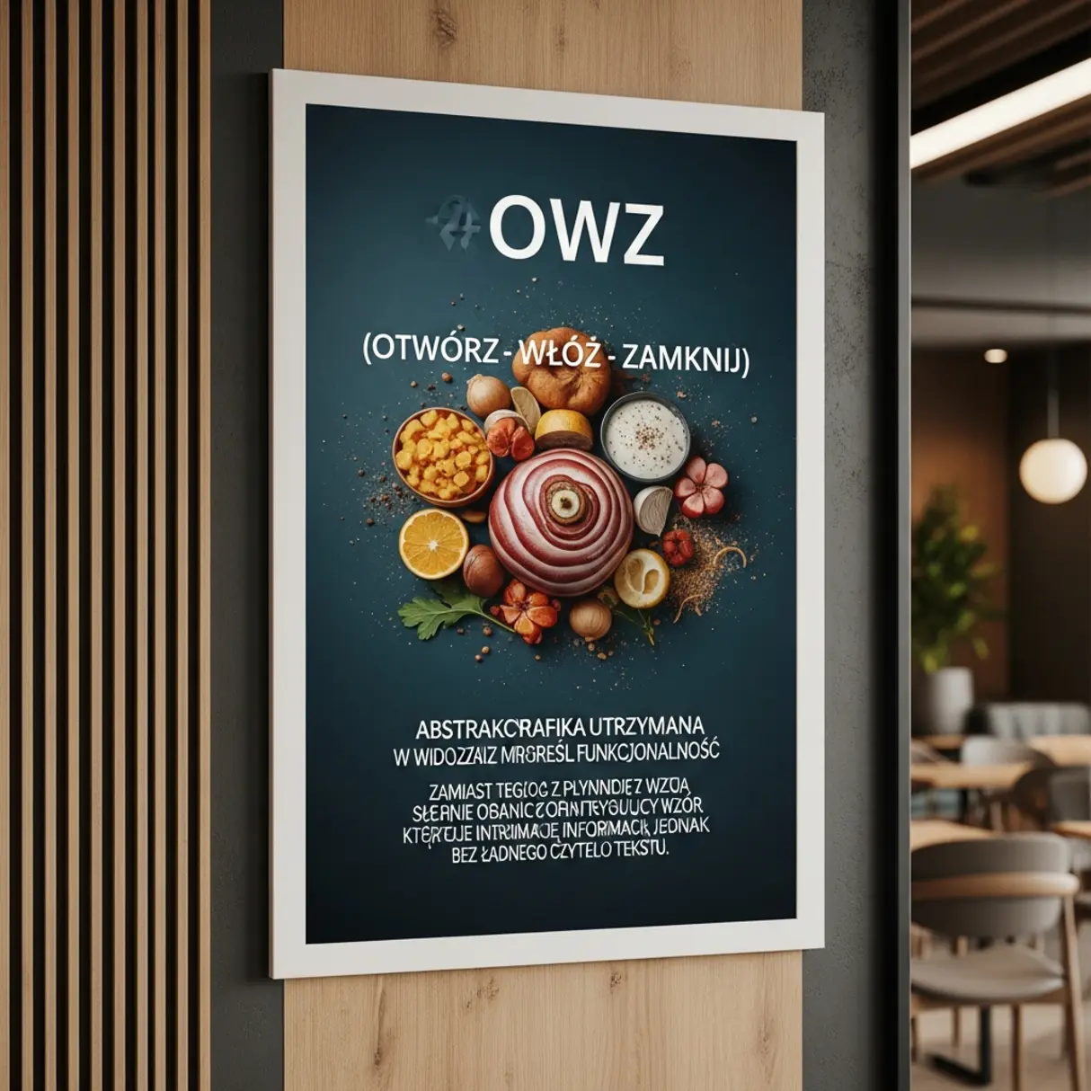 Srebrna ramka plakatowa OWZ A3 z abstrakcyjną grafiką, wisząca w kawiarni.