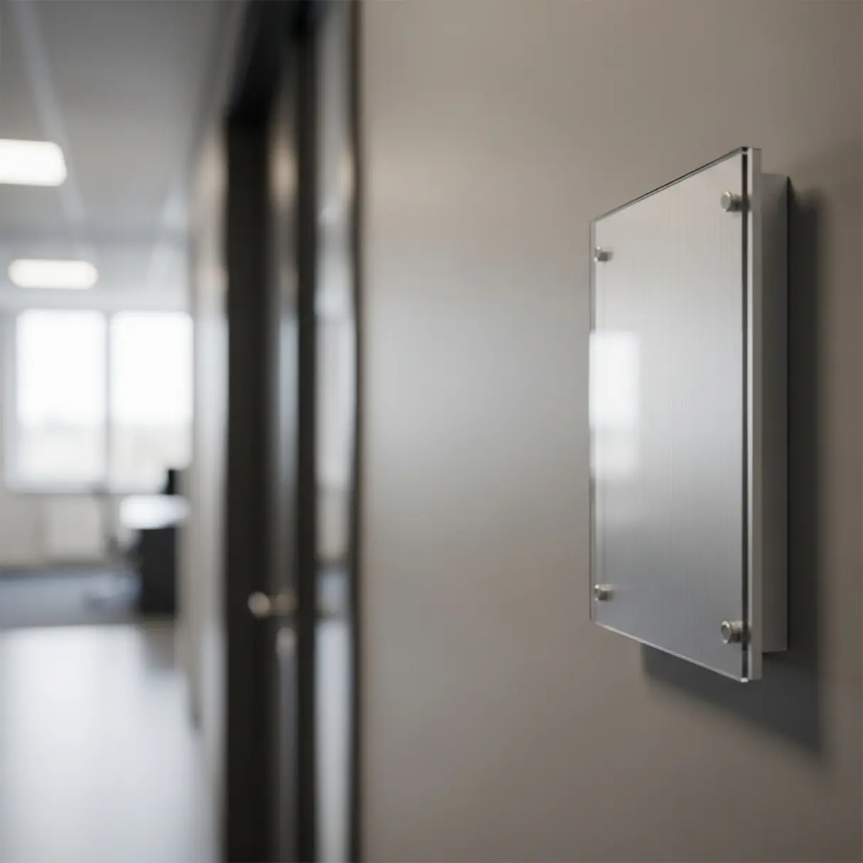 Minimalistyczna aluminiowa tabliczka informacyjna na ścianie w nowoczesnym biurze.
