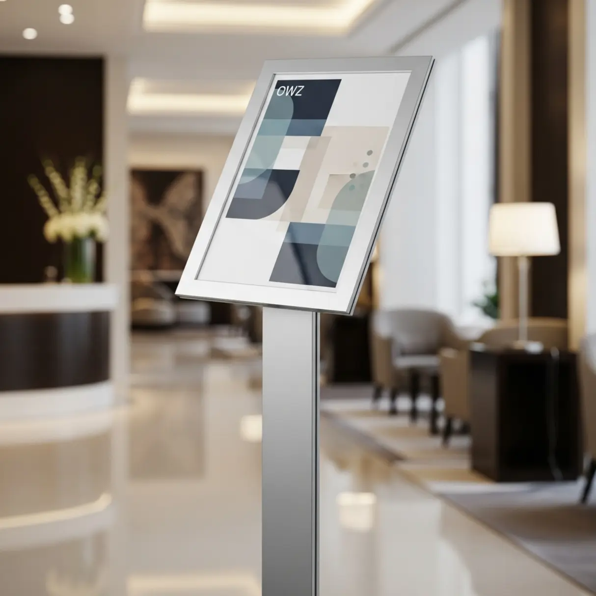 Elegancki srebrny stojak informacyjny z ramką OWZ A4 w nowoczesnym lobby hotelowym.