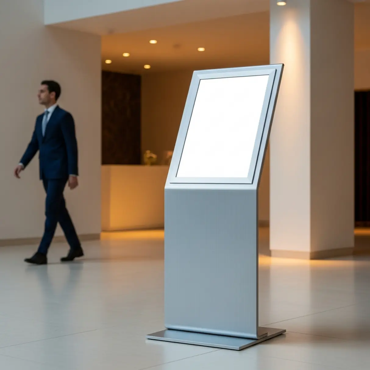 Aluminiowy stojak informacyjny z pustym ekranem w nowoczesnym lobby hotelowym.
