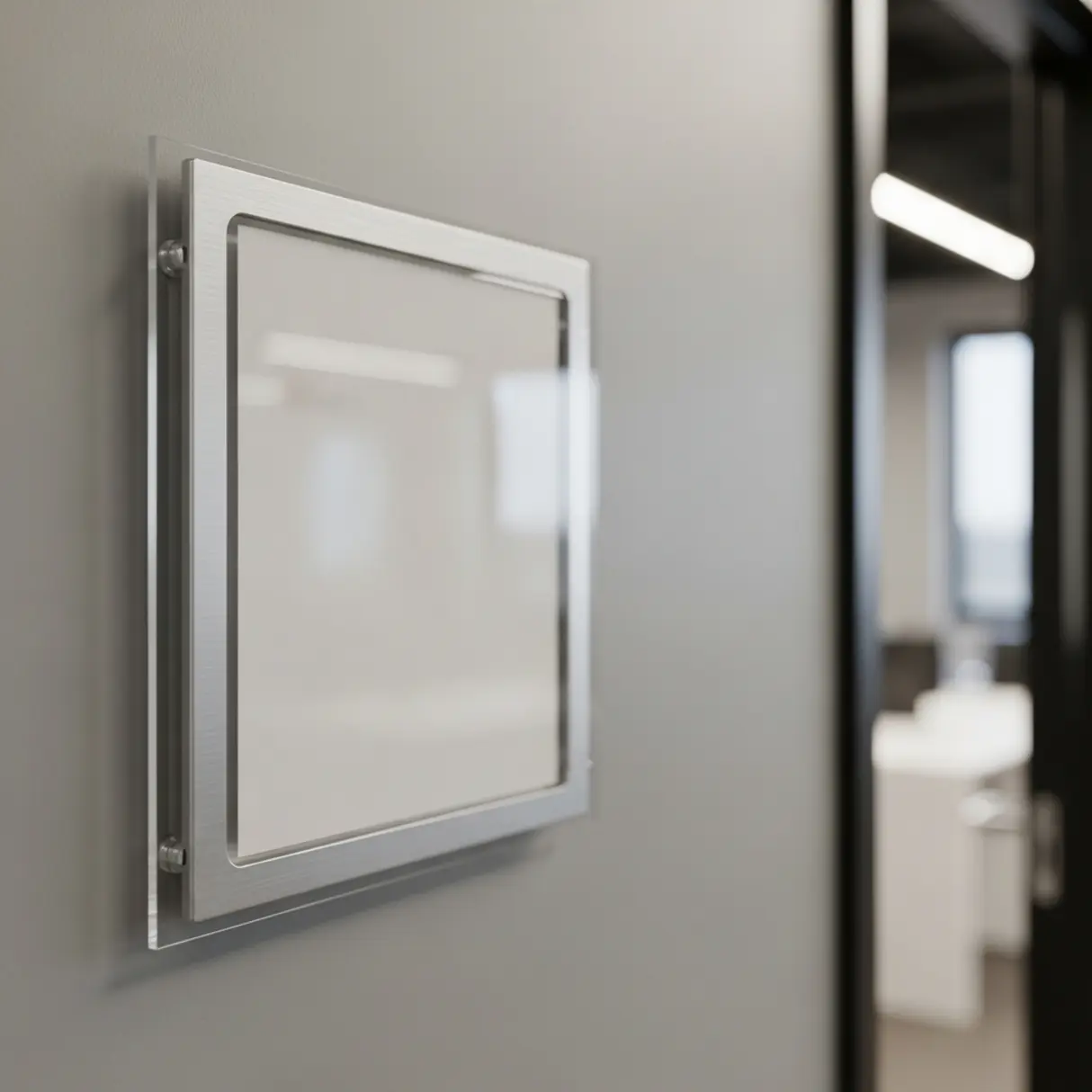 Zbliżenie na nowoczesny, elegancki szyld z anodowanego aluminium na ścianie w biurze coworkingowym.