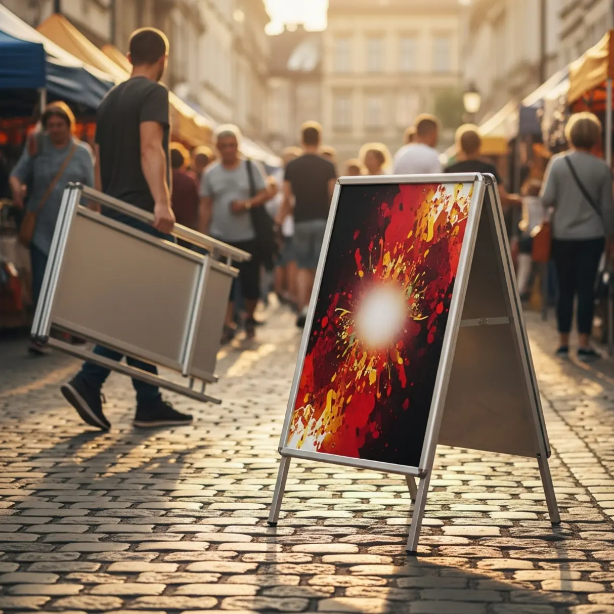Srebrny potykacz aluminiowy z abstrakcyjną grafiką na ulicznym rynku, w tle osoba niosąca złożony potykacz.