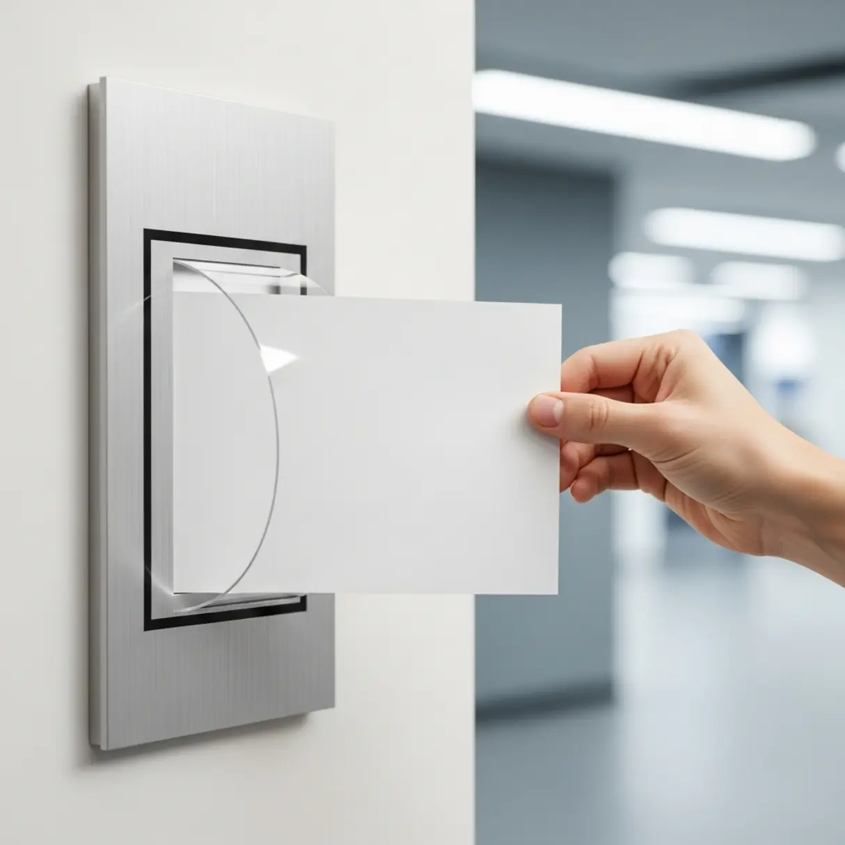 Ręka wsuwa białą kartkę do minimalistycznej tabliczki informacyjnej z aluminium na jasnej ścianie.