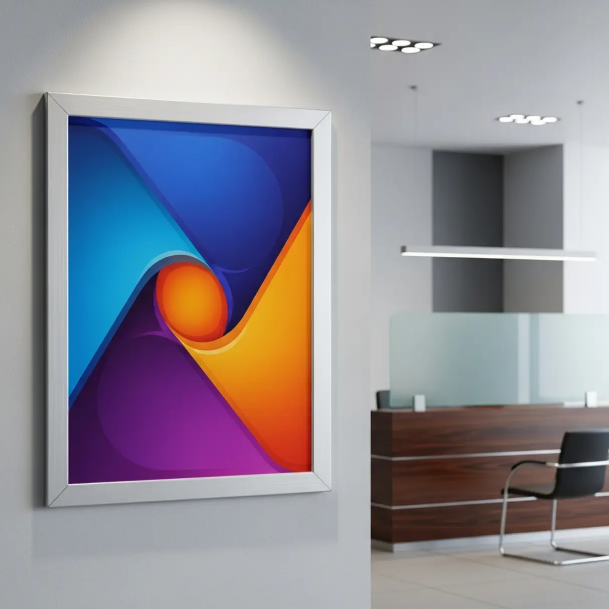 Aluminiowa rama zatrzaskowa A3 z abstrakcyjną grafiką w nowoczesnym biurze.