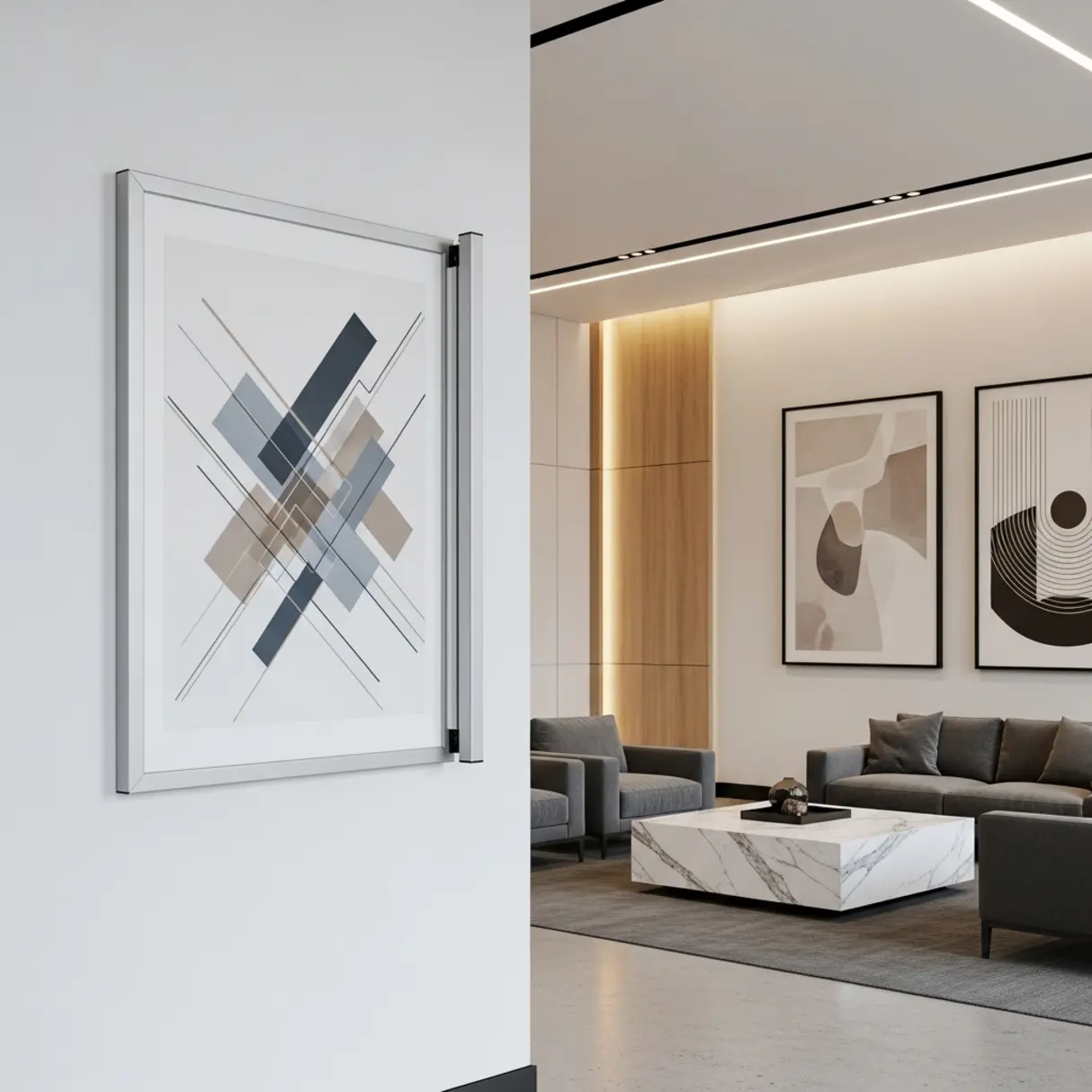 Srebrna aluminiowa rama zatrzaskowa (system OWZ) z abstrakcyjną grafiką w nowoczesnym wnętrzu hotelowym.