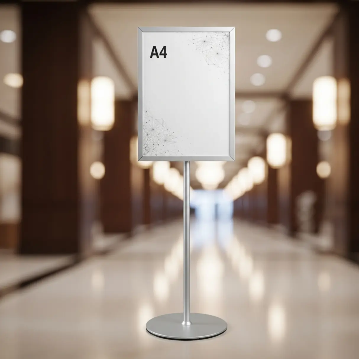 Nowoczesny stojak informacyjny z ramką A4, wykonany z anodowanego aluminium, umieszczony w eleganckim wnętrzu.