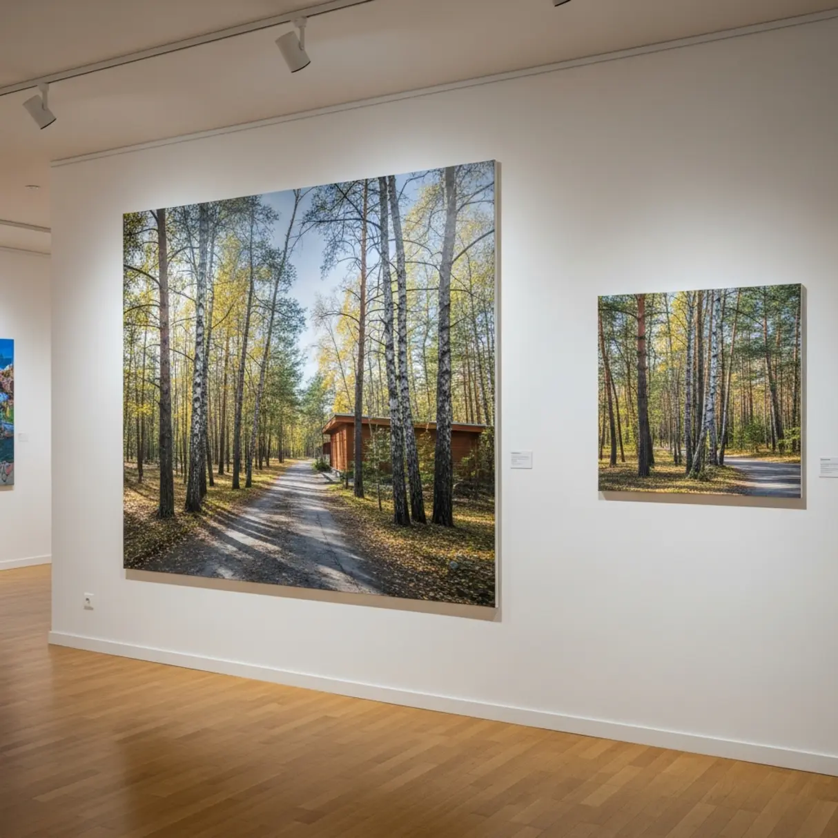 Wnętrze galerii sztuki z fotografiami krajobrazów leśnych na ścianach.