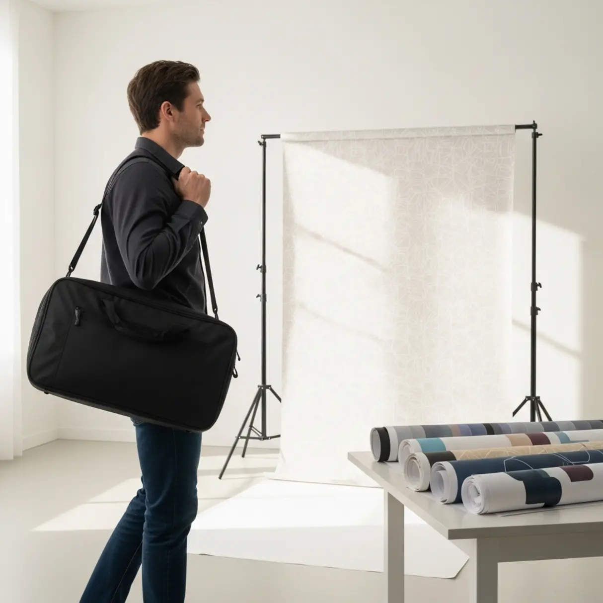 Profesjonalny fotograf z torbą na tło w studio fotograficznym.