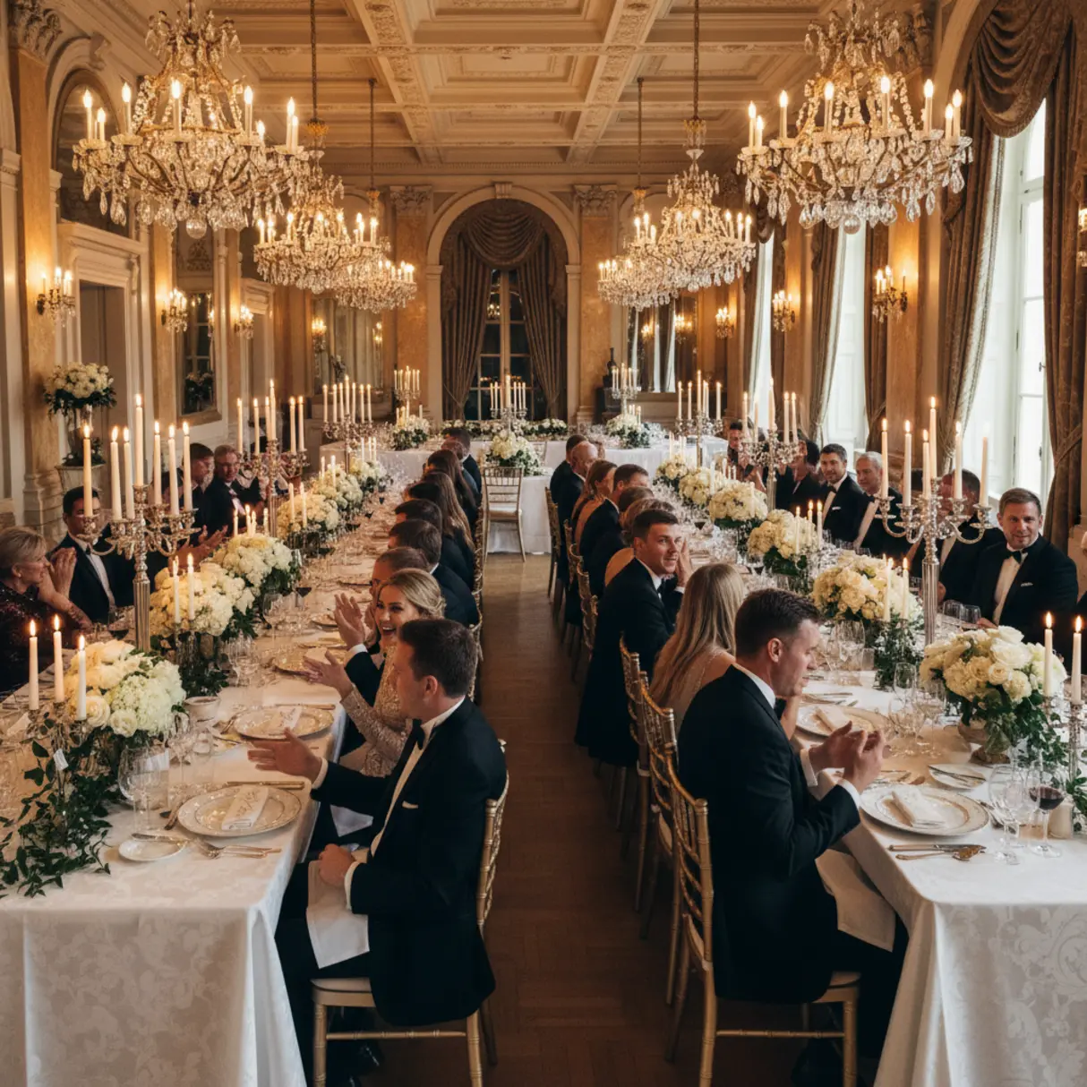 Elegancka sala bankietowa, udekorowana na uroczystą celebrację, z gośćmi w formalnych strojach.
