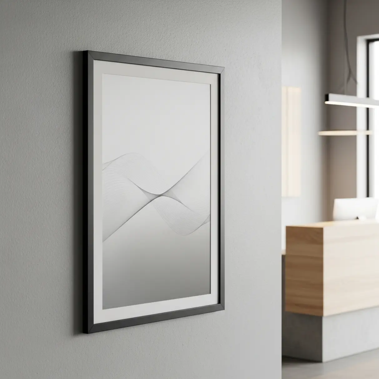 Czarna ramka OWZ A4 z abstrakcyjną grafiką w minimalistycznej recepcji biura.