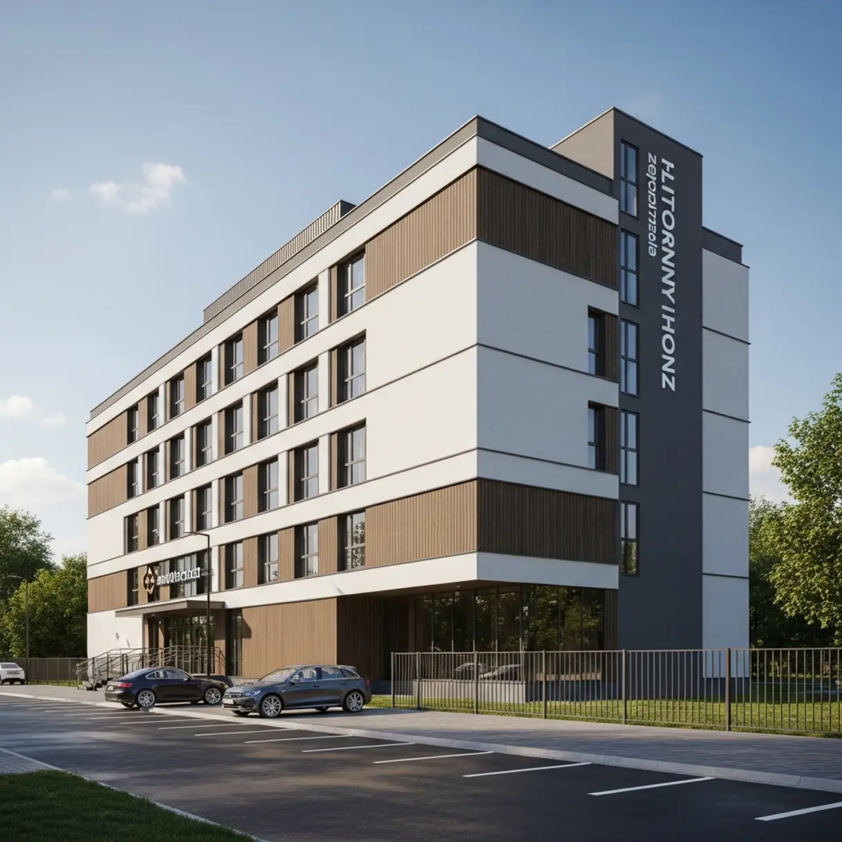 Nowoczesny budynek hotelowy lub apartamentowy z parkingiem i samochodami.