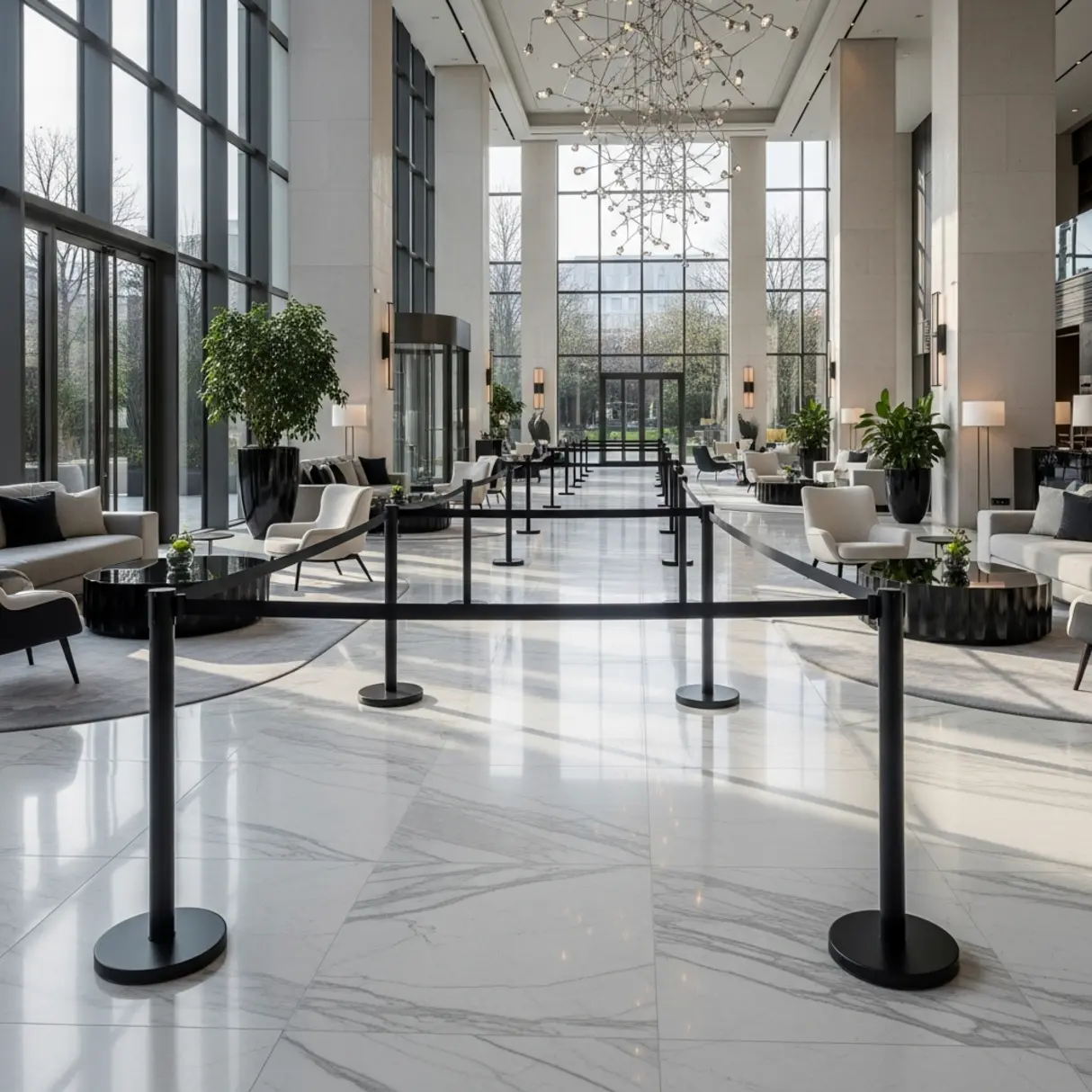 Nowoczesne wnętrze hotelu z czarnymi słupkami z taśmami wyznaczającymi ścieżkę.