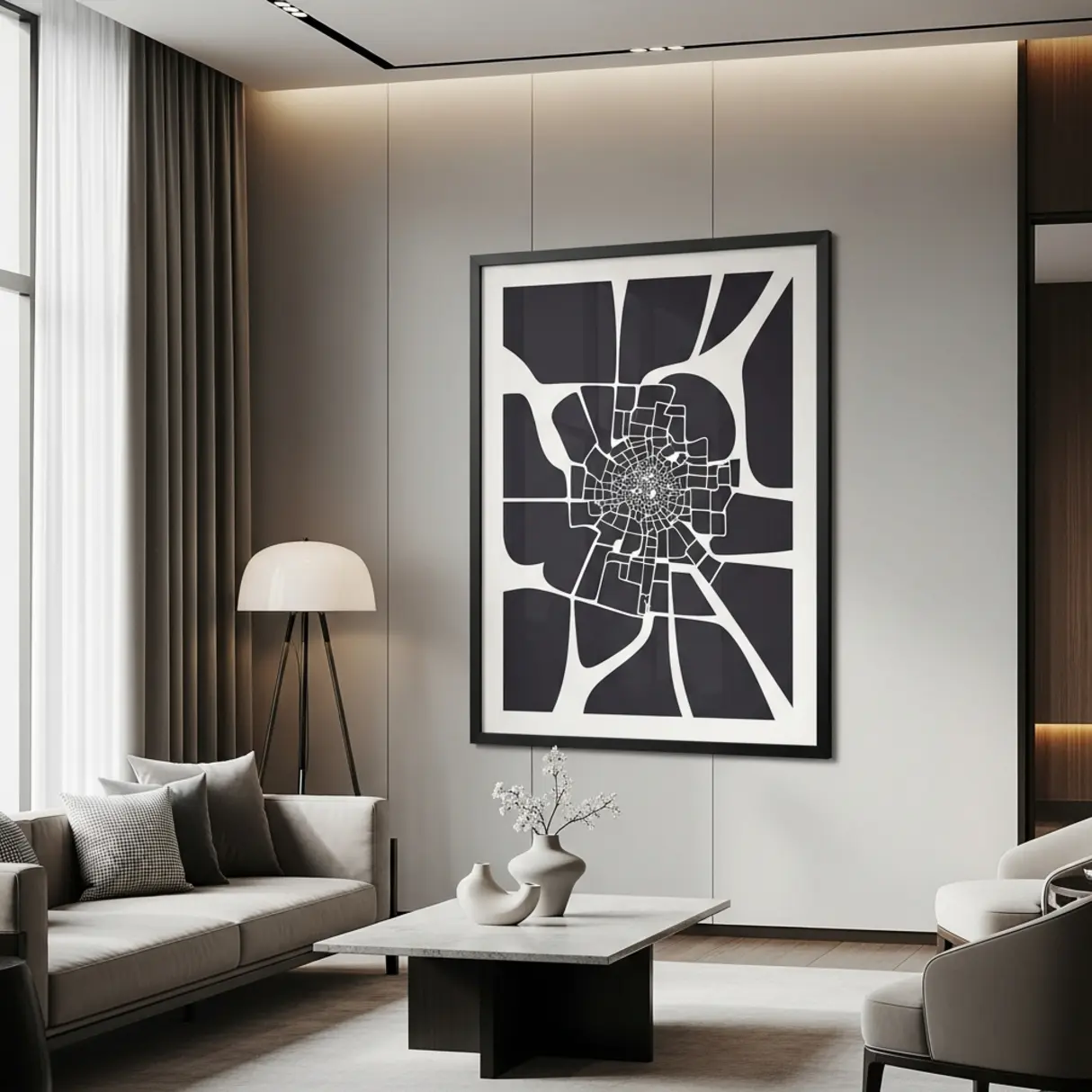 Czarna rama aluminiowa z minimalistyczną grafiką w nowoczesnym lobby hotelowym.
