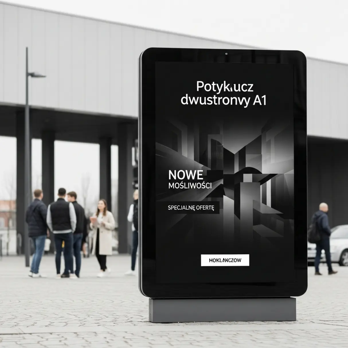 Czarny, dwustronny potykacz reklamowy A1 na tle miejskiego deptaka, prezentujący wizualizację inwestycji deweloperskiej i abstrakcyjną grafikę 