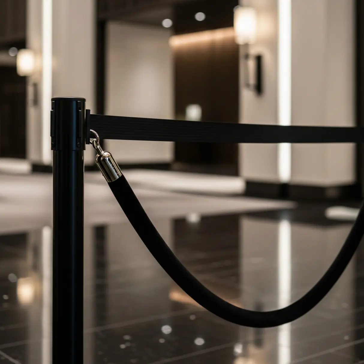 Czarny słupek z rozciągniętą taśmą w eleganckim wnętrzu hotelu.