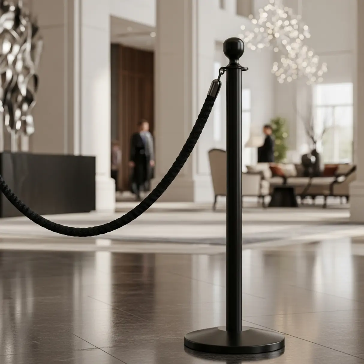 Czarny słupek z liną w eleganckim lobby hotelowym.