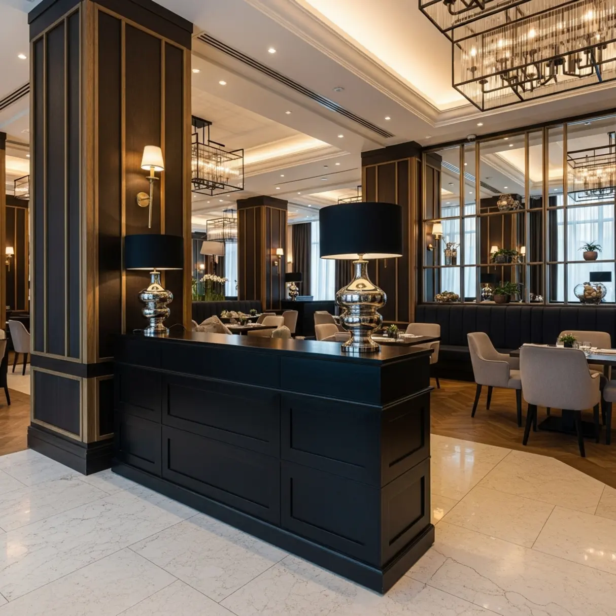 Czarny słupek odgradzający z taśmą w eleganckim wnętrzu hotelu lub restauracji.