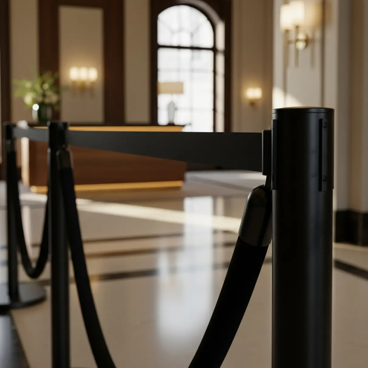 Dwa czarne, matowe słupki odgradzające połączone czarną taśmą w eleganckim wnętrzu.