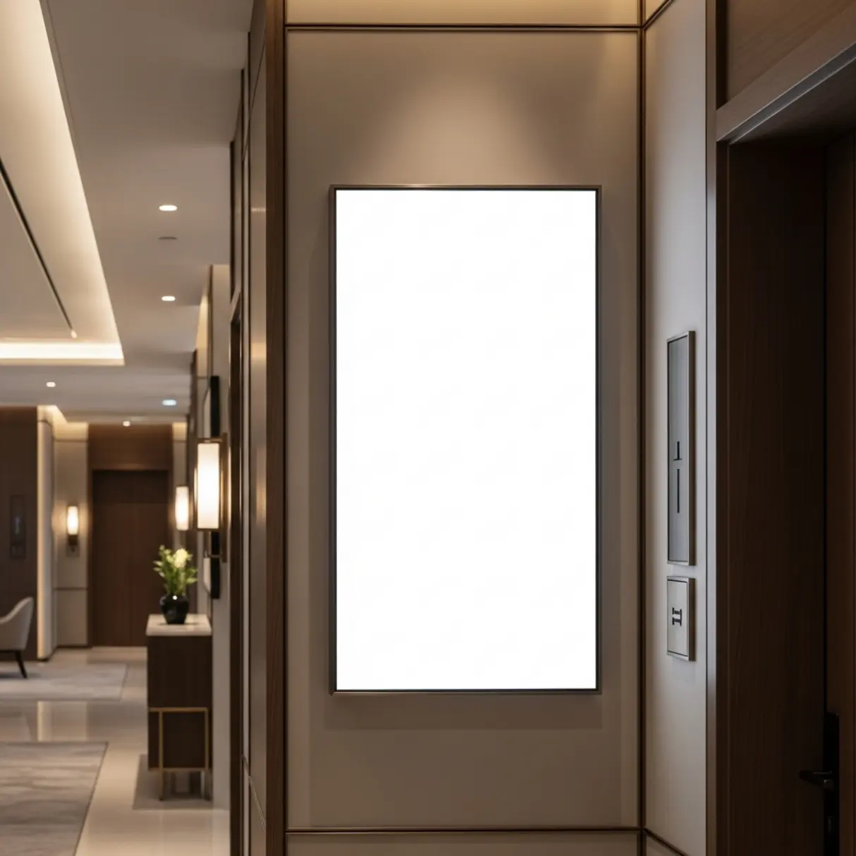 Pusta tablica informacyjna w eleganckim hotelowym korytarzu.