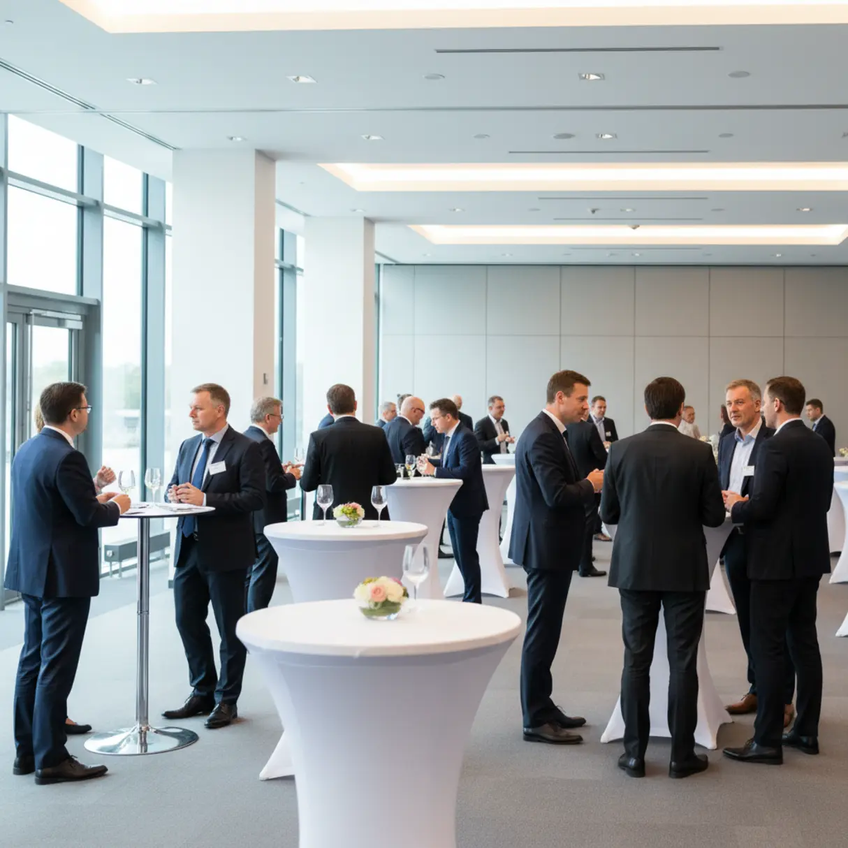 Elegancki event biznesowy z uczestnikami w garniturach prowadzącymi rozmowy przy wysokich stołach.