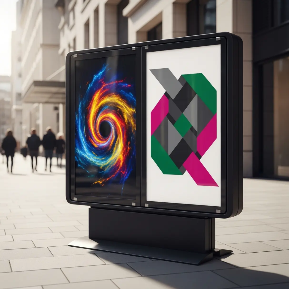 Czarny, dwustronny stojak reklamowy A1 typu „Butterfly” z abstrakcyjnymi grafikami na chodniku w mieście.