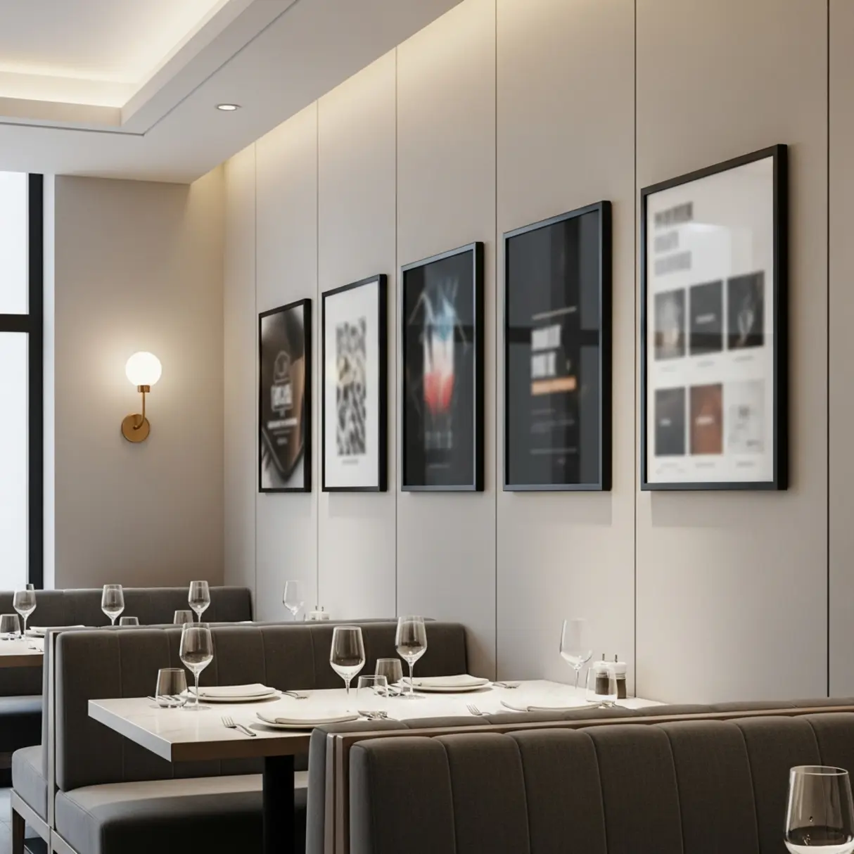 Wnętrze eleganckiej restauracji z czarnymi ramkami OWZ na ścianie, prezentującymi rozmazane grafiki.