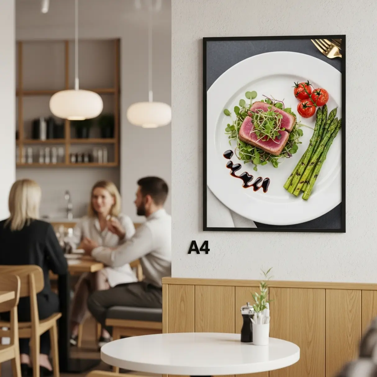 Plakat z daniem w eleganckiej restauracji.