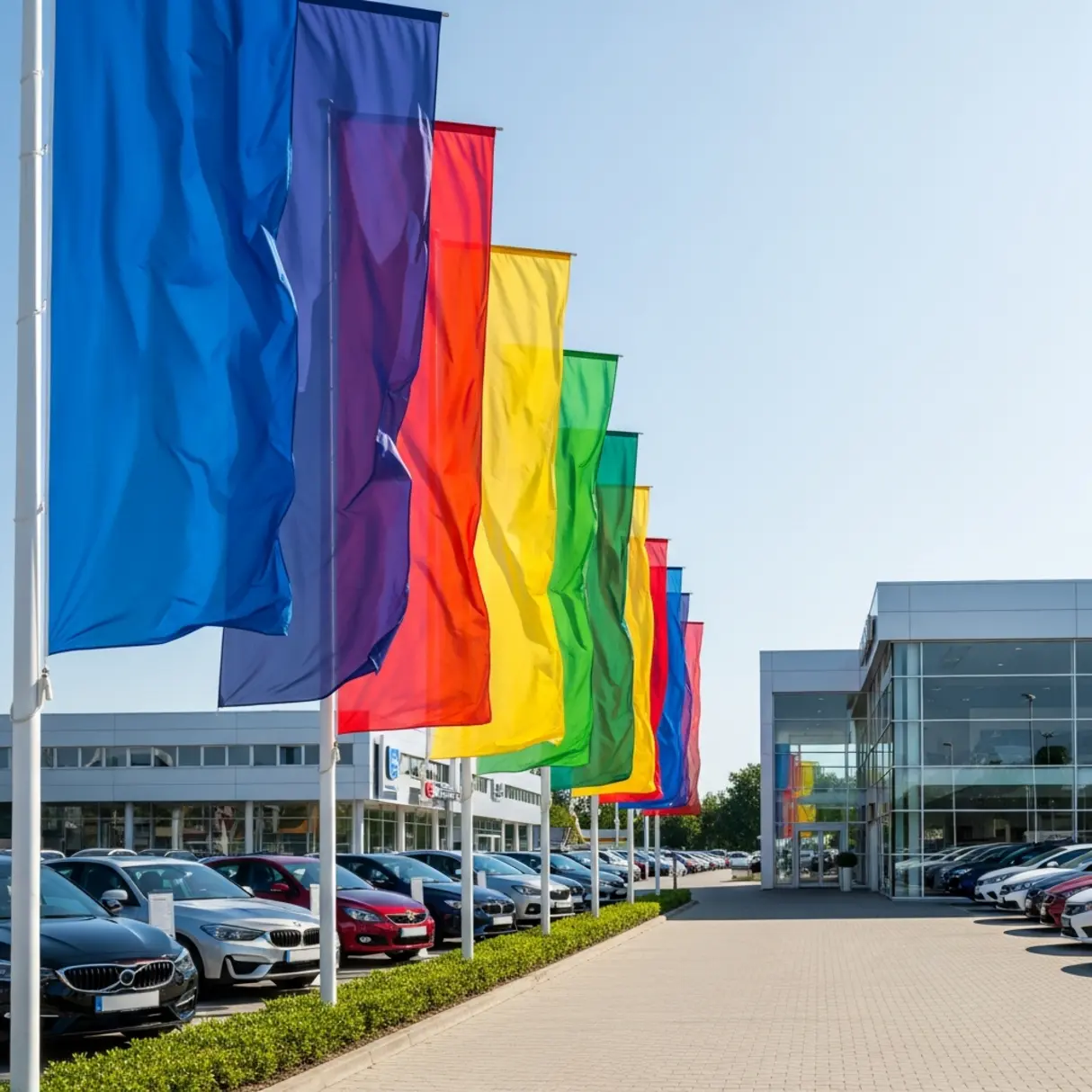 Wejście do salonu samochodowego z rzędem kolorowych, powiewających flag reklamowych i nowymi modelami aut w tle.