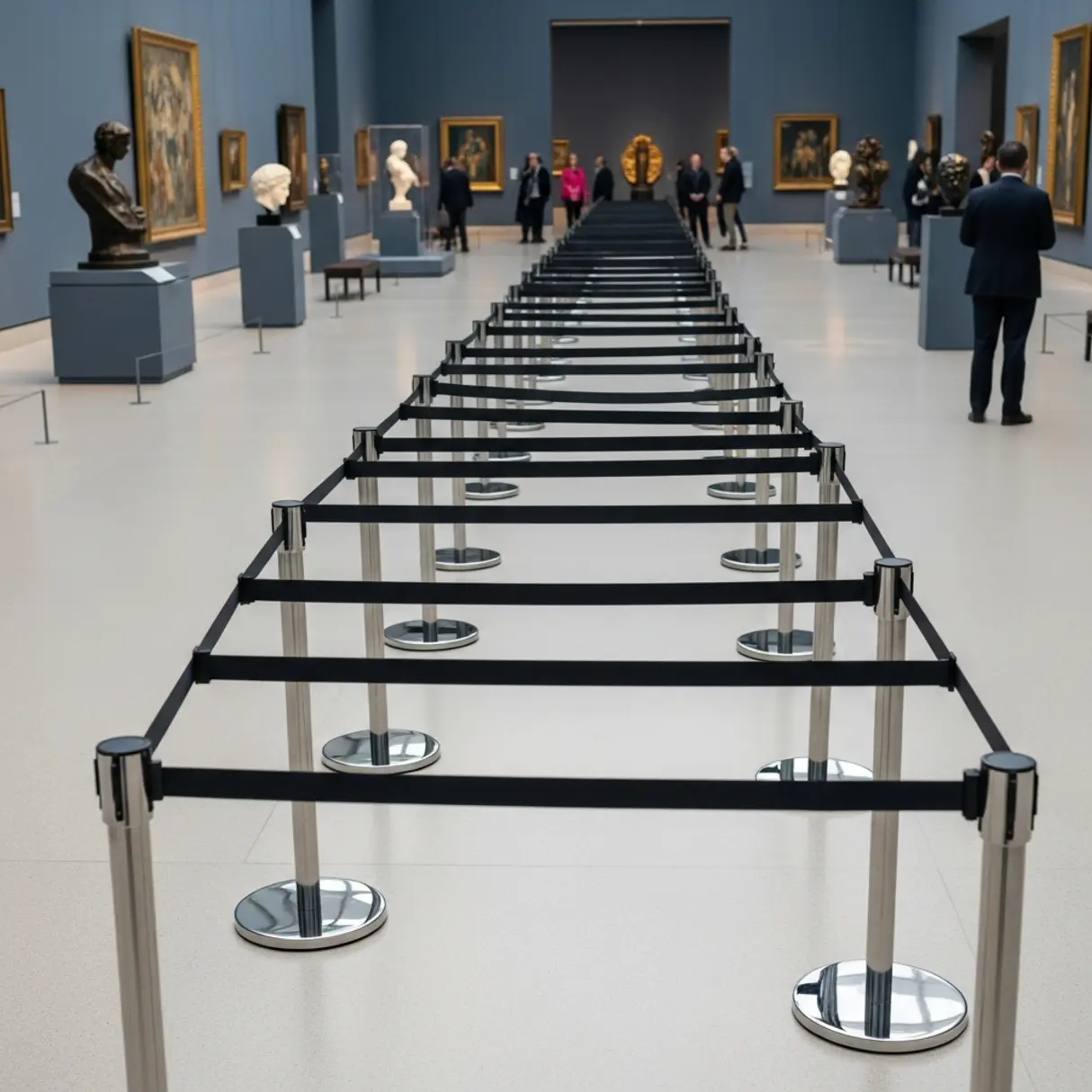 Długa kolejka chromowanych barierek z czarnymi taśmami w muzeum sztuki.
