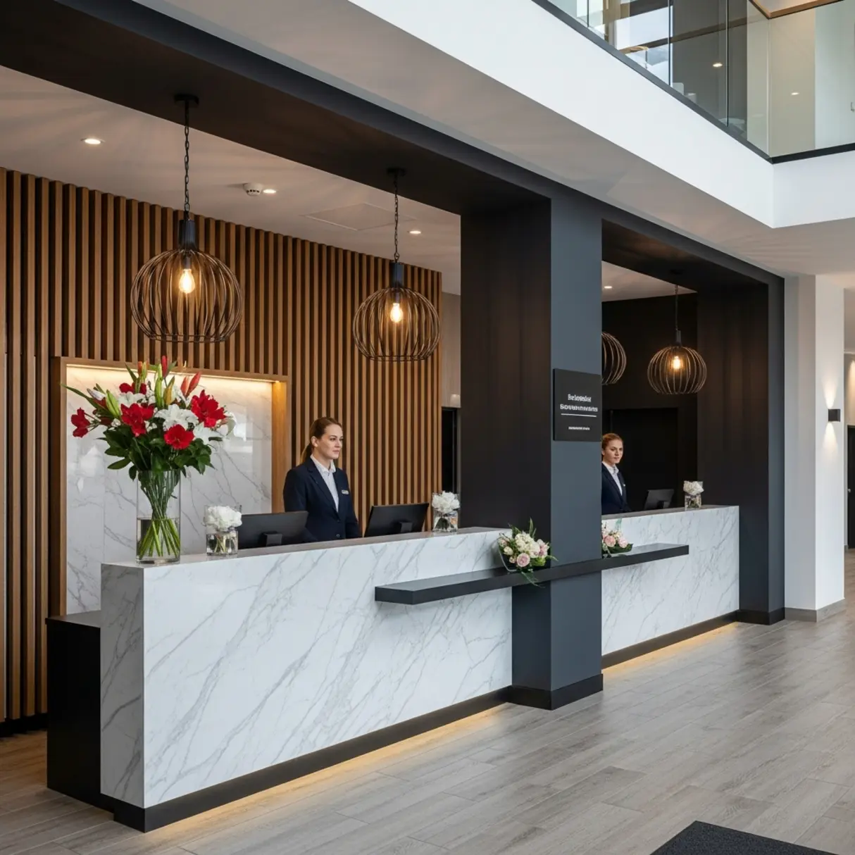 Recepcja luksusowego hotelu z eleganckimi pracownikami za marmurowymi ladami i designerskimi lampami.