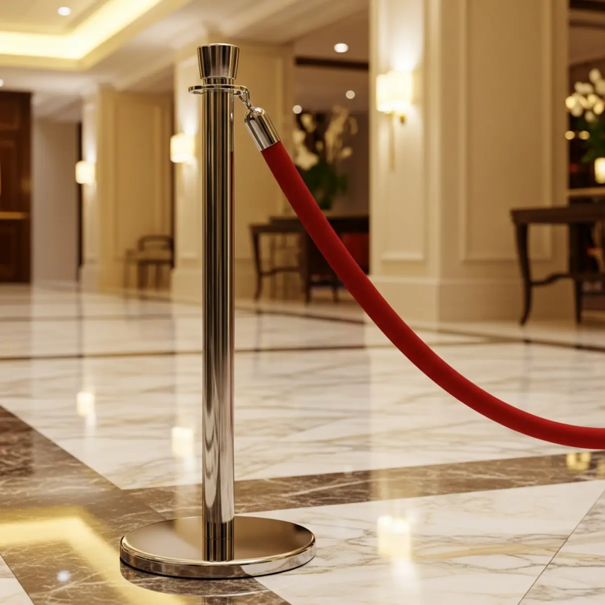 Chromowany słupek z czerwoną taśmą w luksusowym hotelowym lobby.